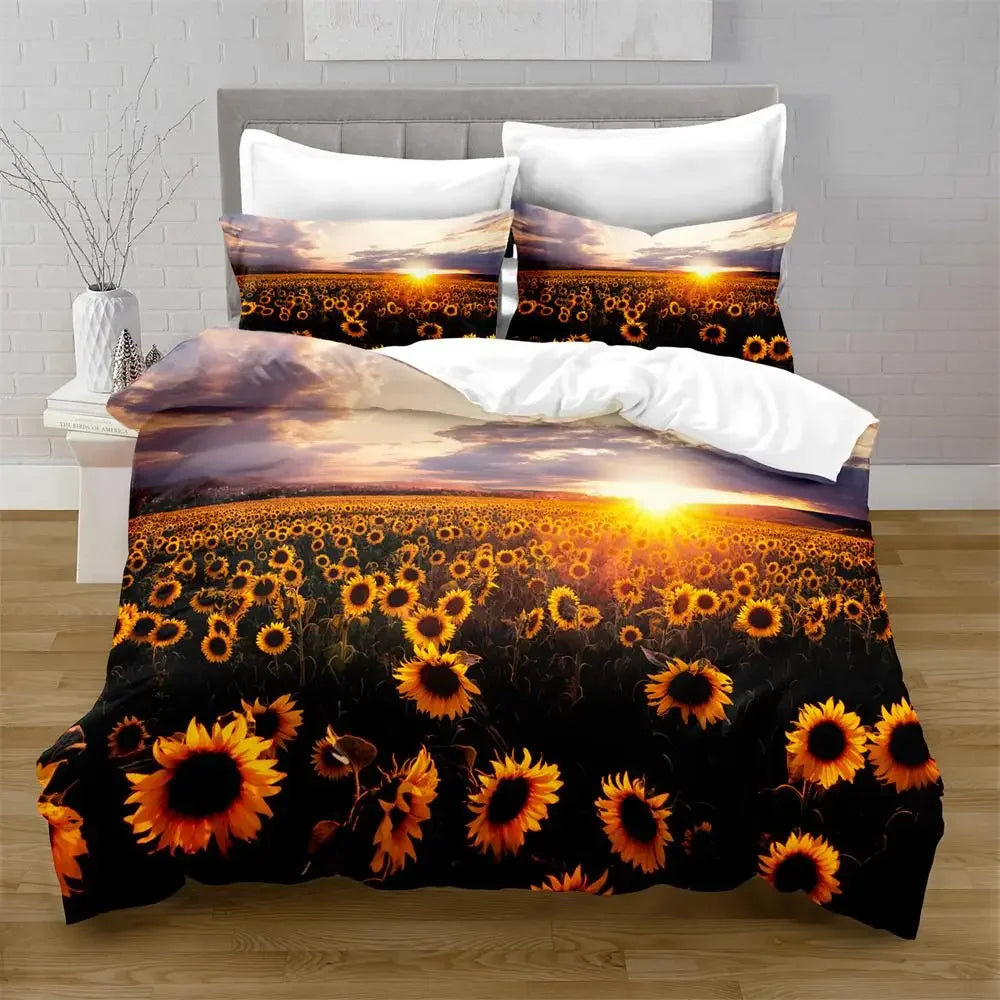 Juego de funda nórdica de girasol, flores amarillas, exuberantes girasoles en el campo, juego de cama de microfibra, estampado floral botánico, funda de edredón