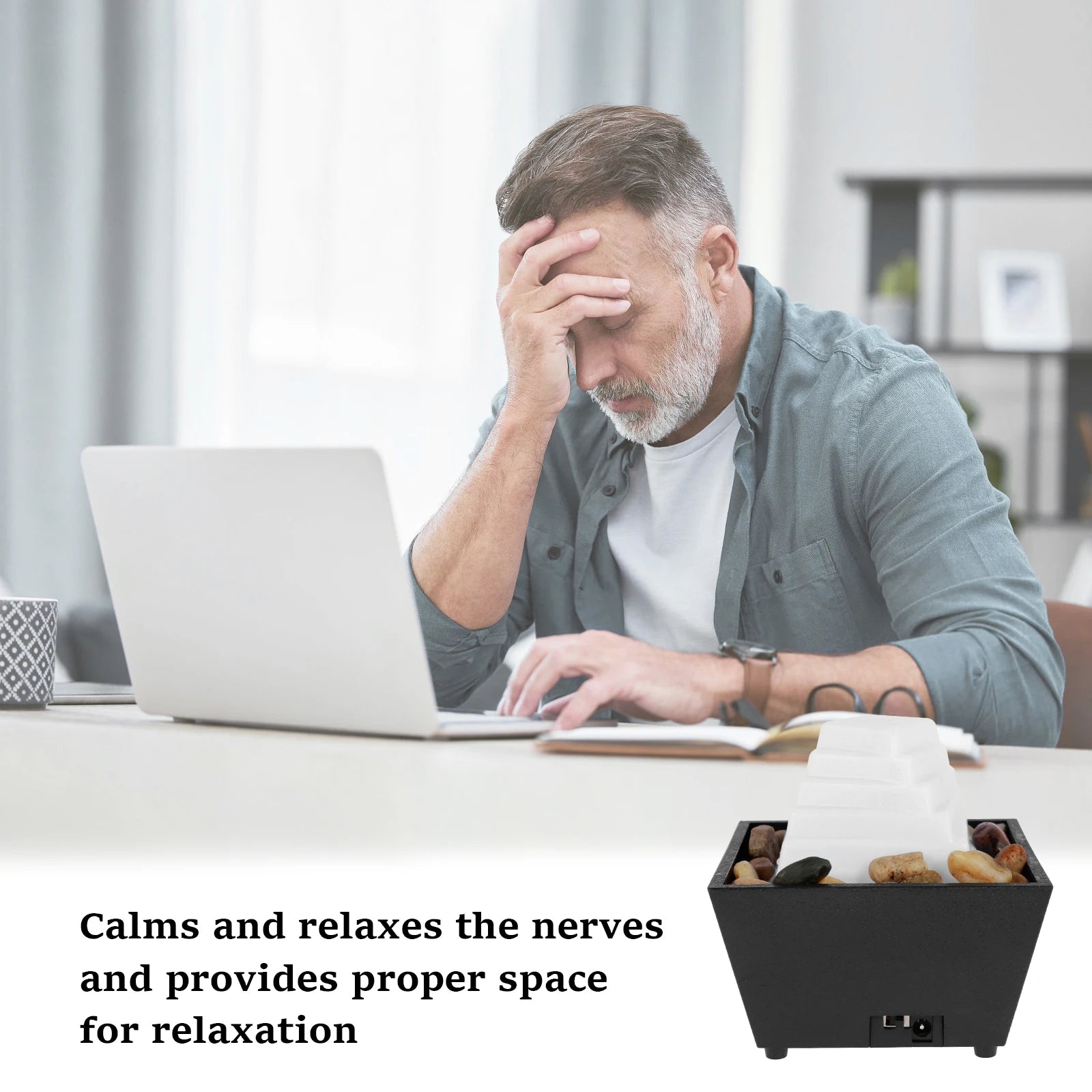 Fontaine de table, petite fontaine cascade, décoration de bureau avec lumière et galets, alimentée par USB, son relaxant, fontaine décorative