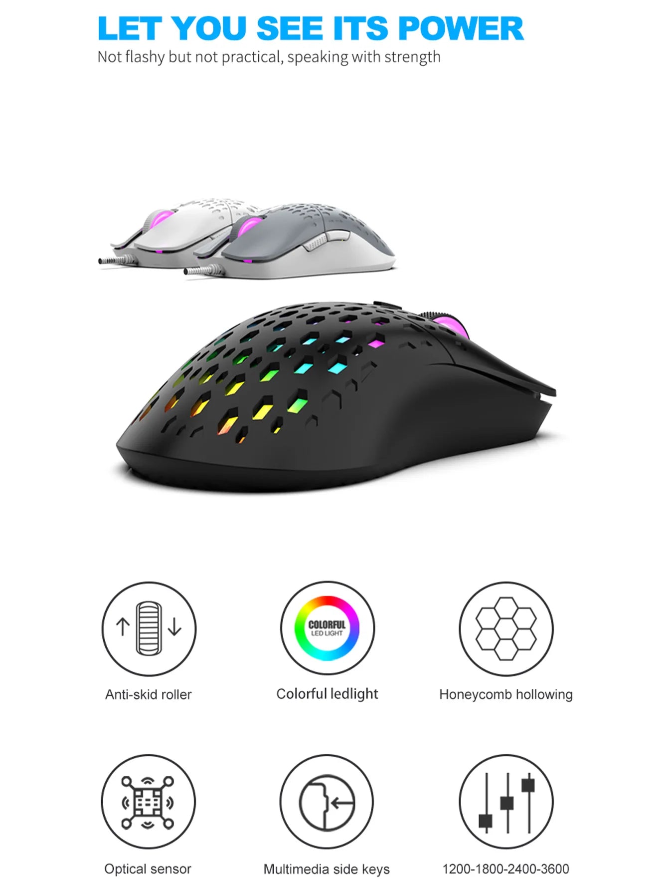 Ratón inalámbrico para juegos, efecto de luz deslumbrante y colorido, DPI variable, ratón perforado con diseño de panal de abeja a la moda