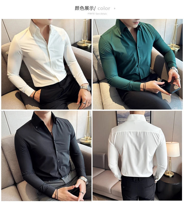Camisa de vestir de hombre Otoño Estilo británico Liso Casual Ajustado Formal Camisas Cuello en V Manga Larga Camisa Ropa de hombre Streetwear