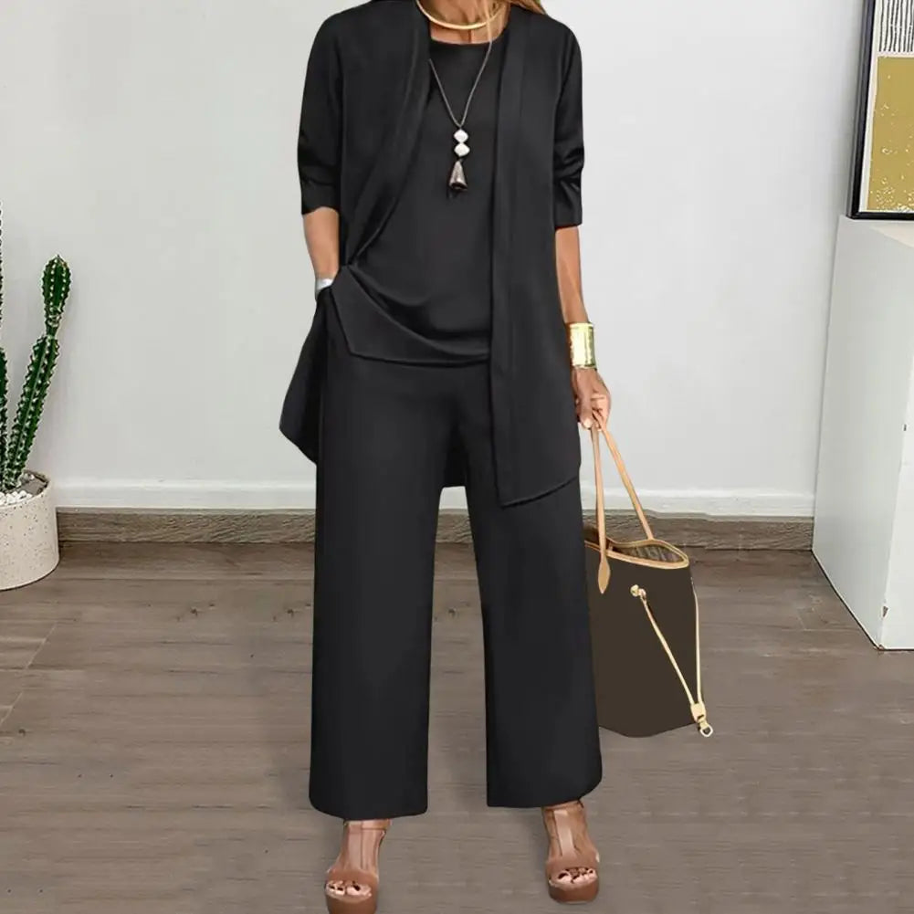 Dameklær Stilig 3-delt buksesett med langermet cardigan, vest med o-hals, vide benbukser, høst- og vårantrekk