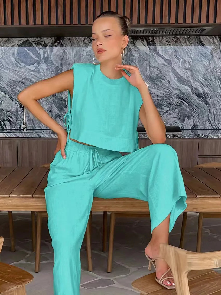 Cotton And Linen Pant Sets Women Sleeveless Leace-up Short Tops Drawstring Long Pants Two Piece Set Commuting 2025 Summer New