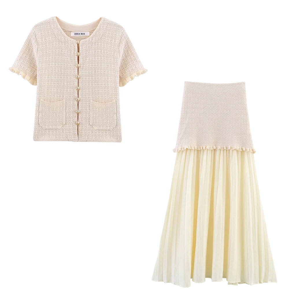 TRAFZA Conjunto elegante y chic de falda para mujer: top estilo "bandeau" o falda midi o top de manga corta. Conjunto para las vacaciones románticas de primavera-verano 2025.