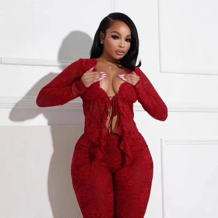 Pant Sets Women Two Pieces Cardigan Lace Sexy Tops Tracksuit Full Wide Leg Pants Loose Fit Casual Spliced High Waist Solid