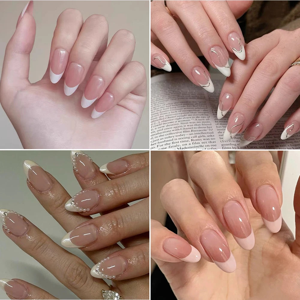 120 uñas postizas francesas de almendra mediana rosas, diseño degradado blanco, uñas postizas francesas a presión, cubierta completa de gel acrílico, puntas de uñas postizas#