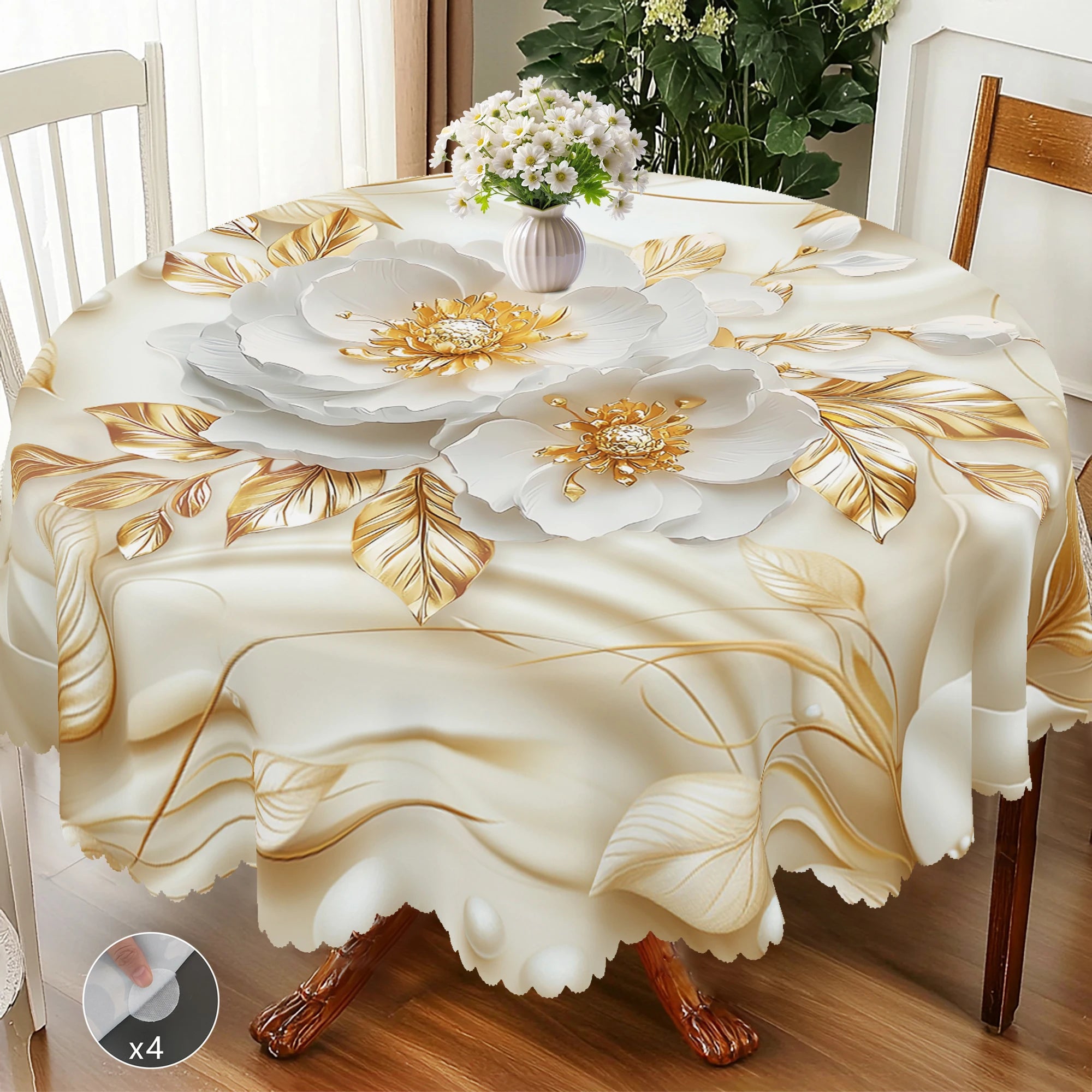 3D Gold Flower Printed Tablecloth – Elegant Floral Decor for Parties & Home