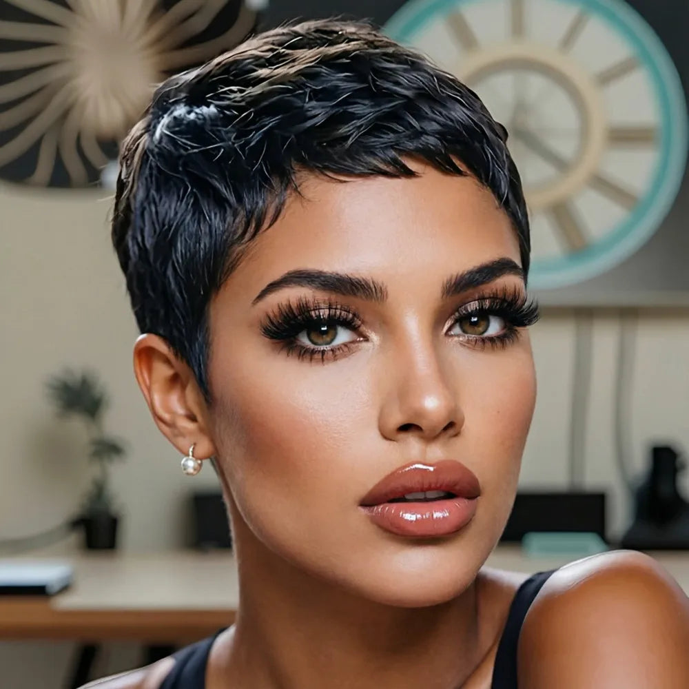 short layered 150% density wig machine made wig for women 4inch black color pixie wave human hair wig