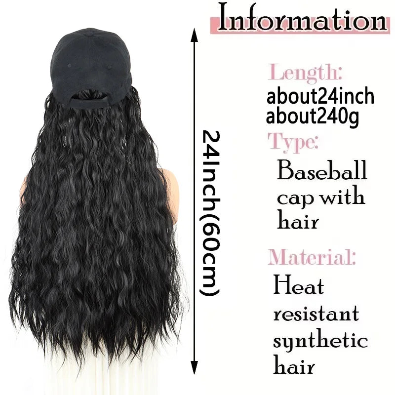 Perruque Chapeau de Baseball Synthétique Longue Frisée Crépue 24 Pouces Réglable Respirante Extension de Cheveux Perruque pour Femmes Facile à Porter