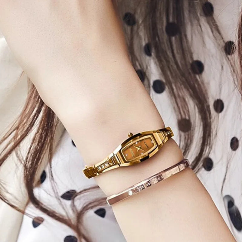 Pequeños Relojes de Pulsera Dorados Retro para Mujer Relojes de Pulsera Vintage con Brazalete de Acero Relojes de Pulsera de Cuarzo Negros Reloj Mujer