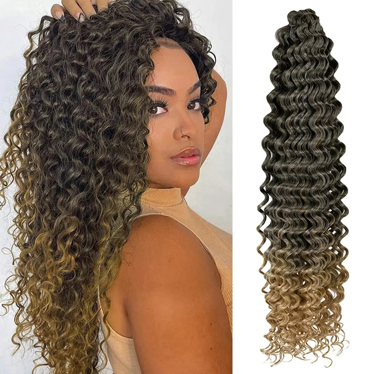 Syntetisk 22 tommers dyp bølget vri heklet hår syntetisk afro krøllete hår heklet fletter ombre brun flettehår extensions