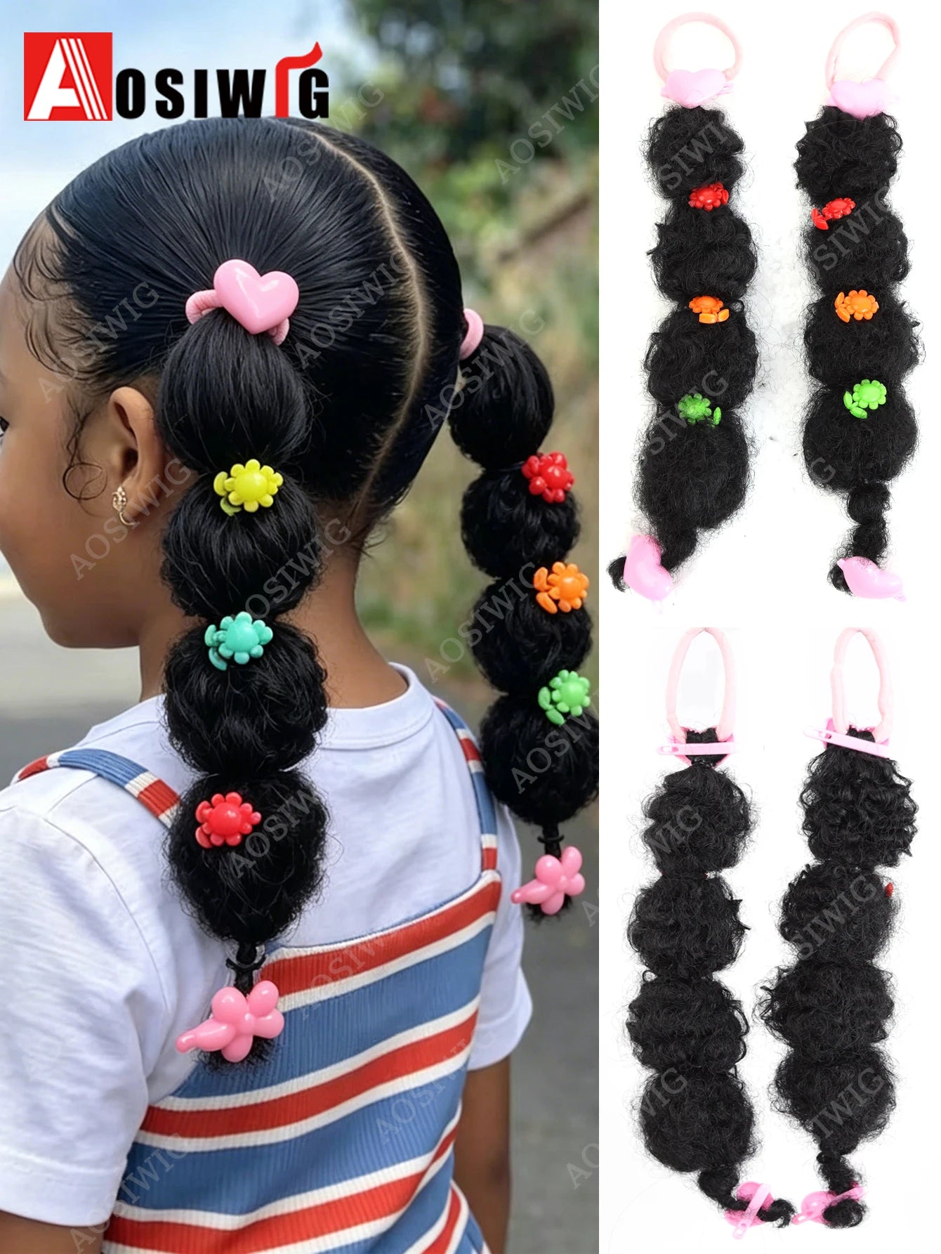 2pcs Kids Synthetic Black Bubble Puff Braid Ponytail Hair Extension With Cute Flower Accessories Wigs Hairpiece Braided Ponytail