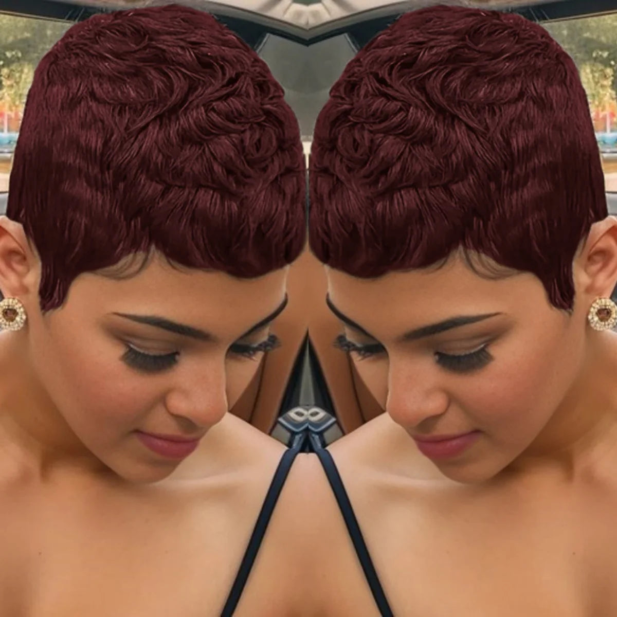 Peluca de corte pixie corto, cabello humano liso brasileño, hecha completamente a máquina, fácil de usar