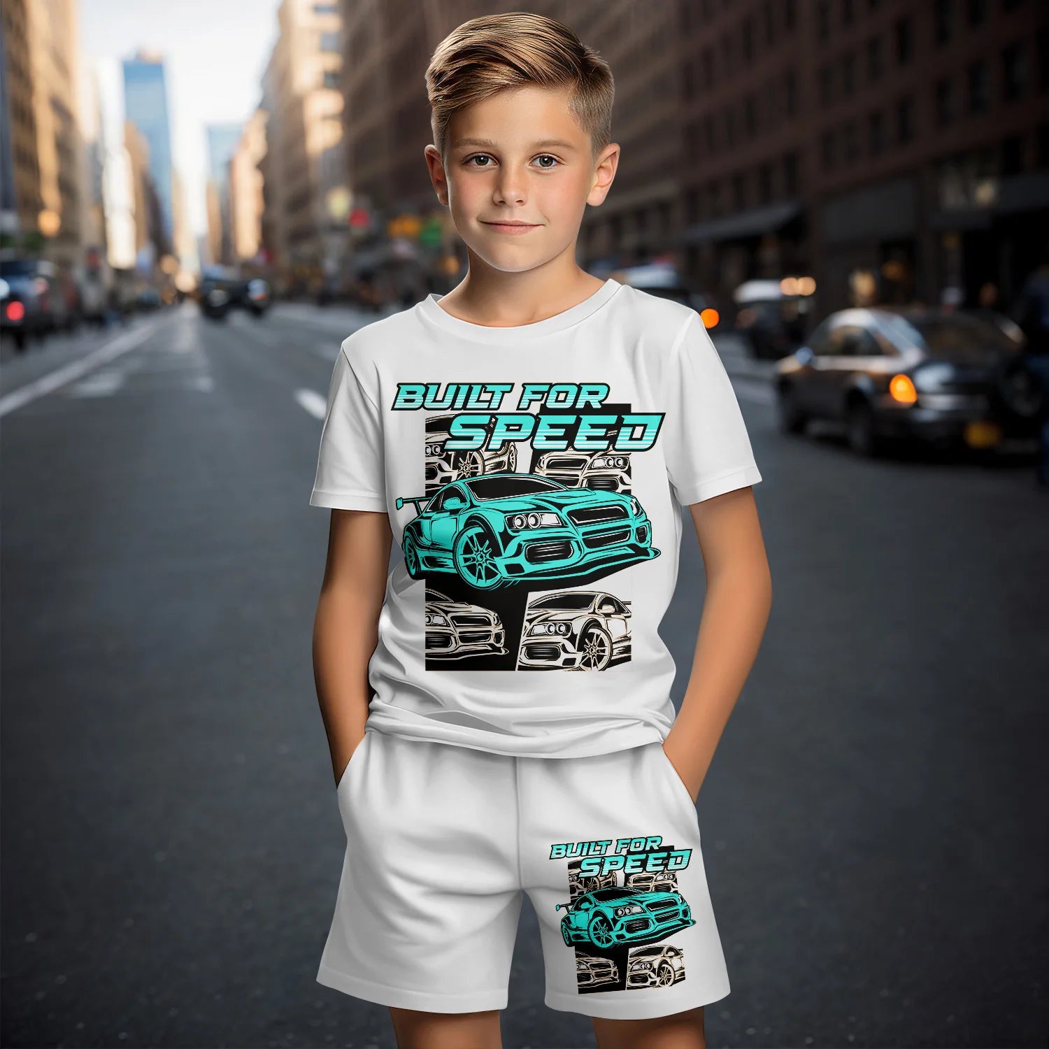 Traje de ropa para niños para niño, verano, manga corta, camiseta, pantalones cortos, dibujos animados, coche 3D, estampado, niña, a la moda, conjuntos para niños