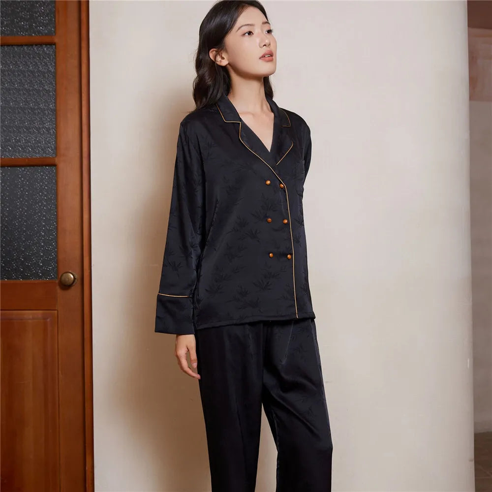 Women Pajamas Set Sleepwear Sexy Double-Breasted Jacquard Satin Pijamas Suit Spring Home Wear Loungewear