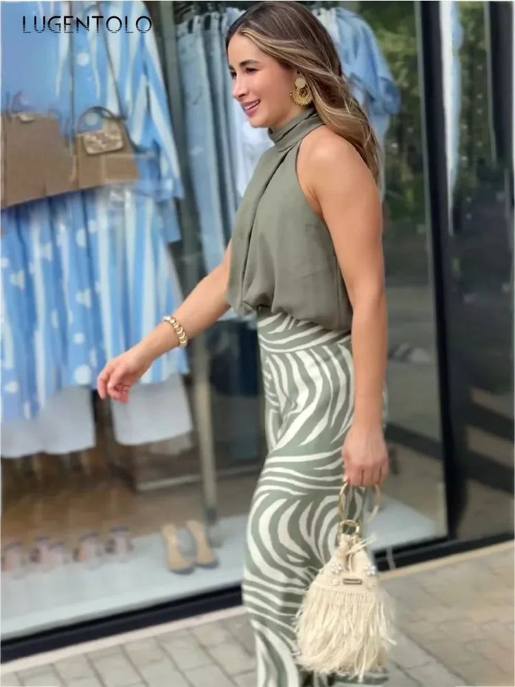 Conjunto de blusa sin mangas halter y pantalones de pierna ancha para mujer, nuevo, sexy, de verano, elegante, casual, de dos piezas para oficina