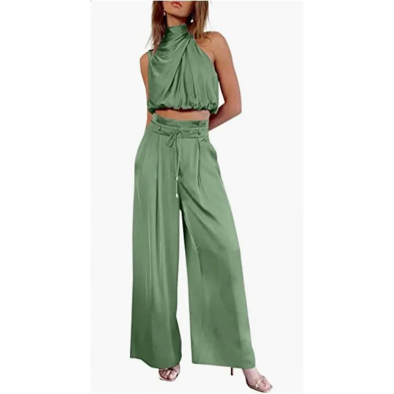 Ensemble deux pièces pour femme, pantalon ouvert au nombril, haut sans manches en soie plissée, pantalon large, ensemble assorti d'été 2024
