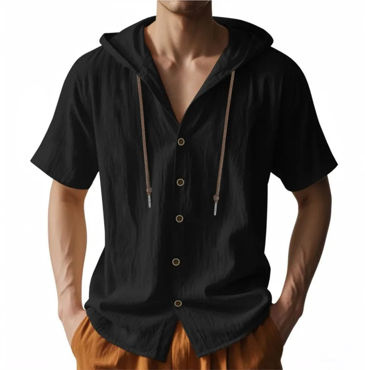 Men's Short Sleeve Shirt Cotton Linen Solid Color Shirts Men Hooded Casual Shirt Man Single Breasted Tops Men Breathable Shirt