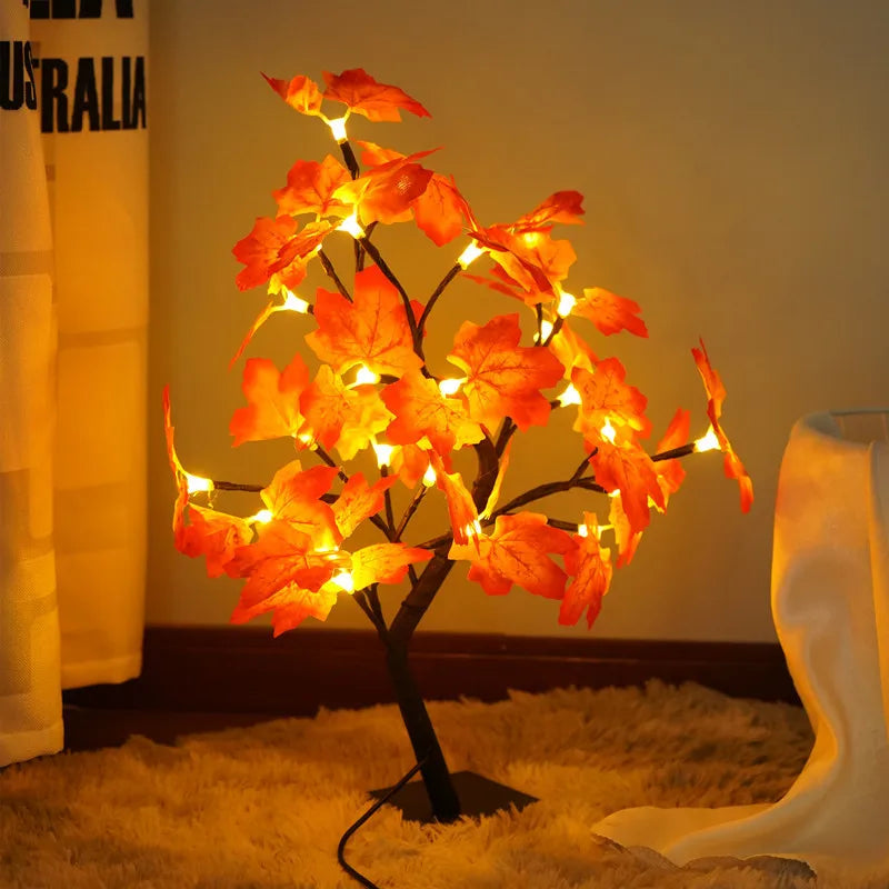Guirlande lumineuse à 24 LED en forme de feuille d'érable, lampe de table en forme d'arbre à fleurs, veilleuse rose, cadeau pour mariage, fête, automne, Halloween, décoration