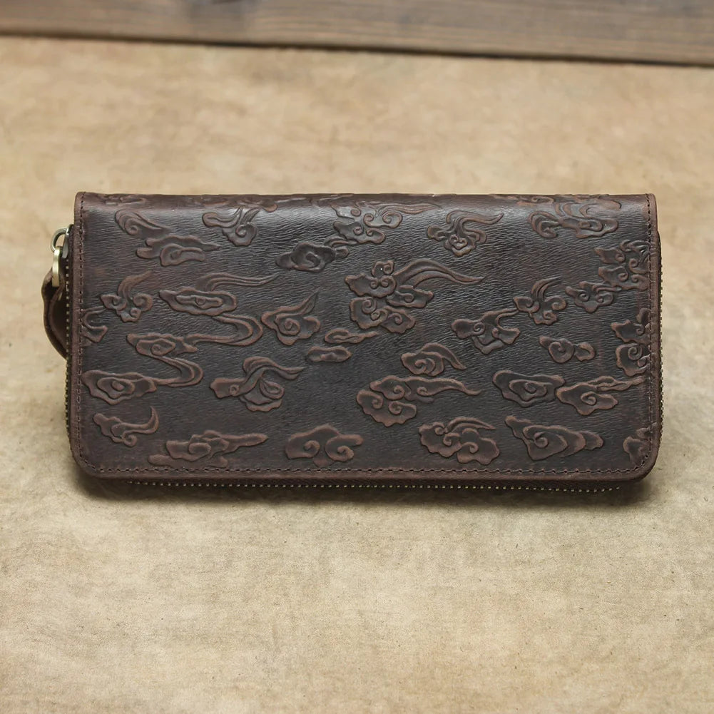 Billetera de lujo para hombre, cartera de mano de cuero genuino, monedero largo grabado en relieve, carteras de hombre de cuero grueso, carteras de mano de cuero para dinero