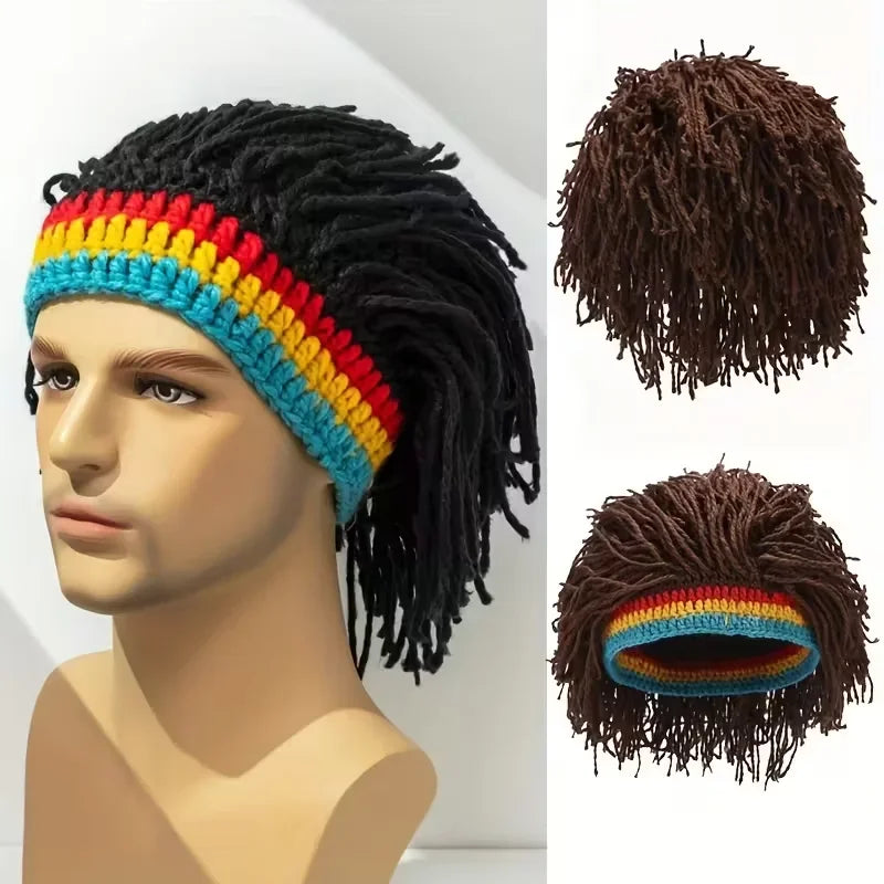 African Men Women Synthetic Wig Hat False Braid Dreadlocks Beanie Cap Handmade Crochet Hat Rasta Jamaica Cosplay Party Headwear