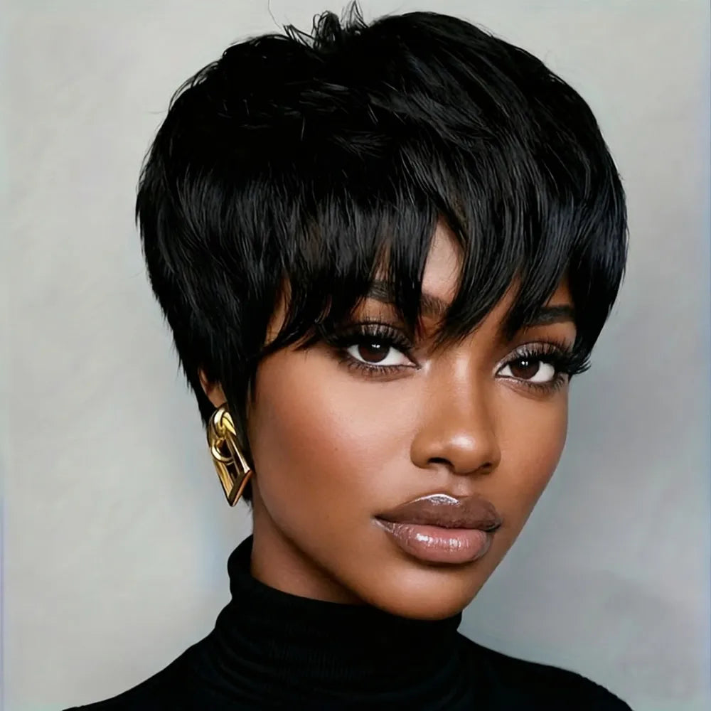 Peluca pixie corta y lisa, color NEGRO 1B30 para uso diario y fiestas, peluca de cabello humano, peluca hecha a máquina