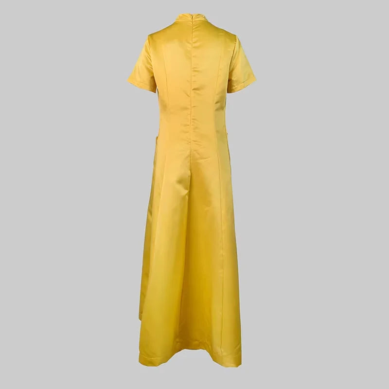 Vestidos Maxi de Fiesta Elegantes de Noche para Mujer, Verano, Manga Corta, Bolsillos, Color Sólido, Cuello Redondo, Corte A