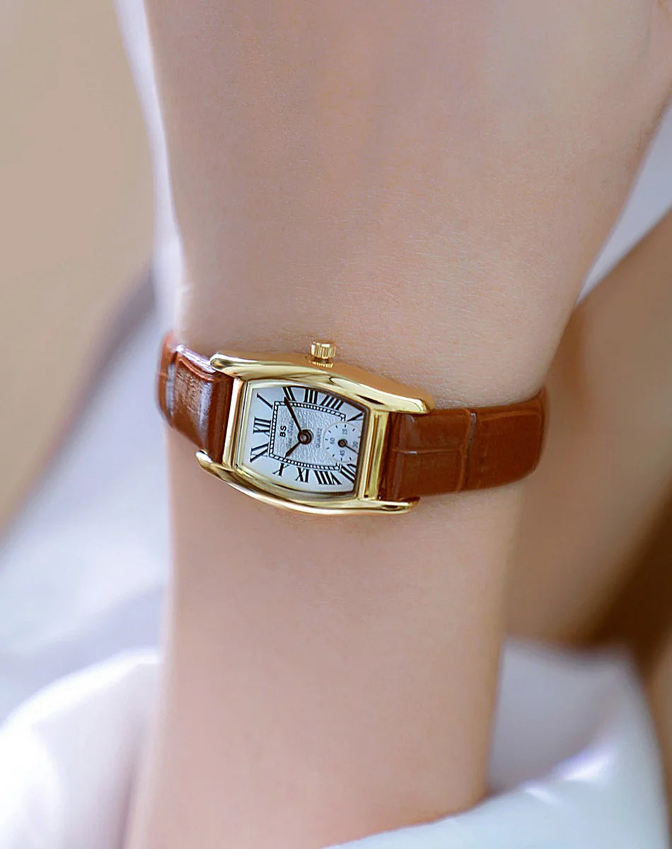 Relojes para mujer, elegante, vintage, rectangular, para dama con correa pequeña de cuero marrón, a la moda, dorado, de cuarzo, reloj de pulsera para mujer 2025