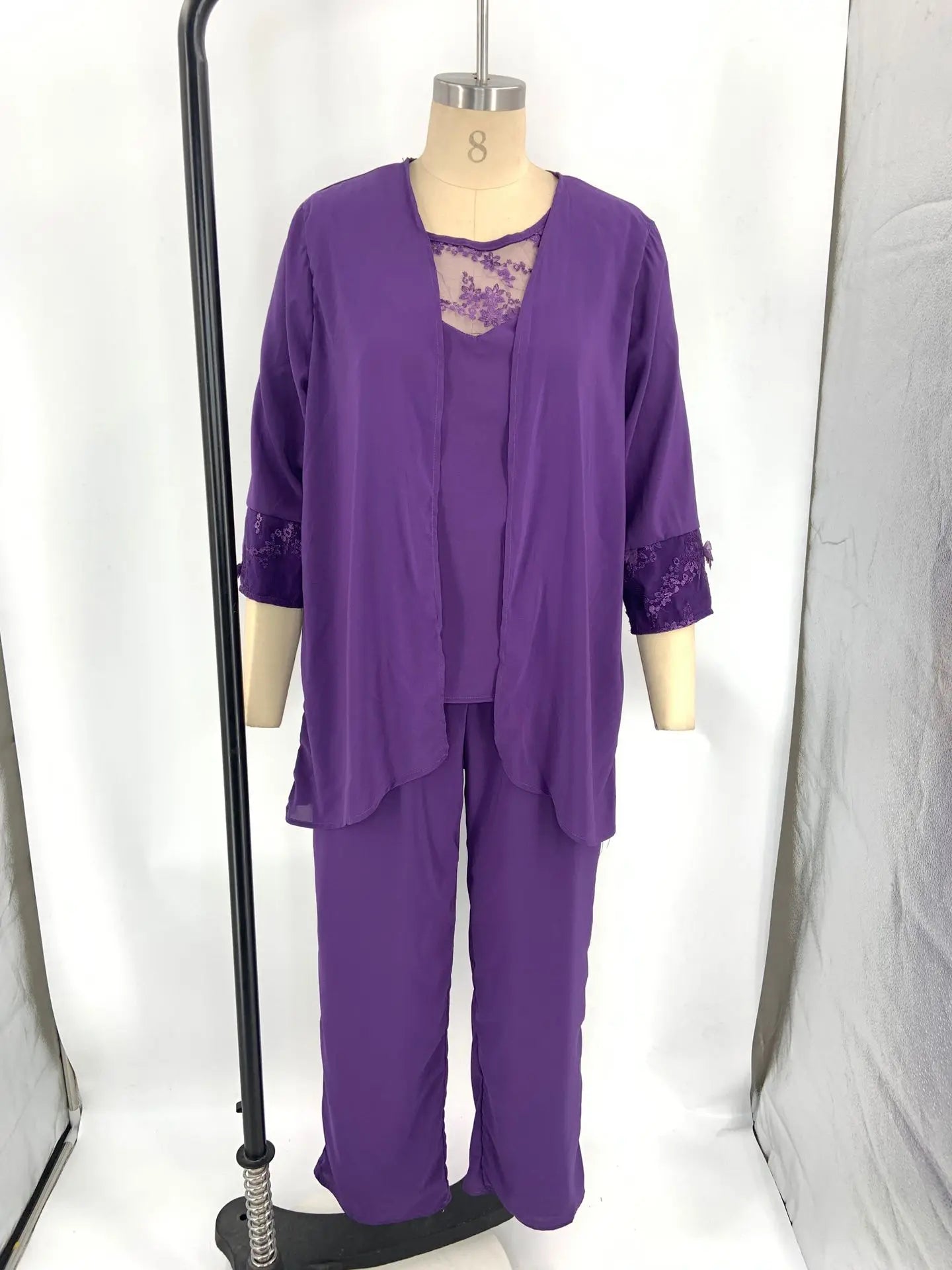 Conjuntos elegantes de pantalones para mujer, traje formal de oficina, tallas grandes, gasa, encaje, pantalones rectos, cárdigan, tops, conjuntos de 3 piezas para mujer