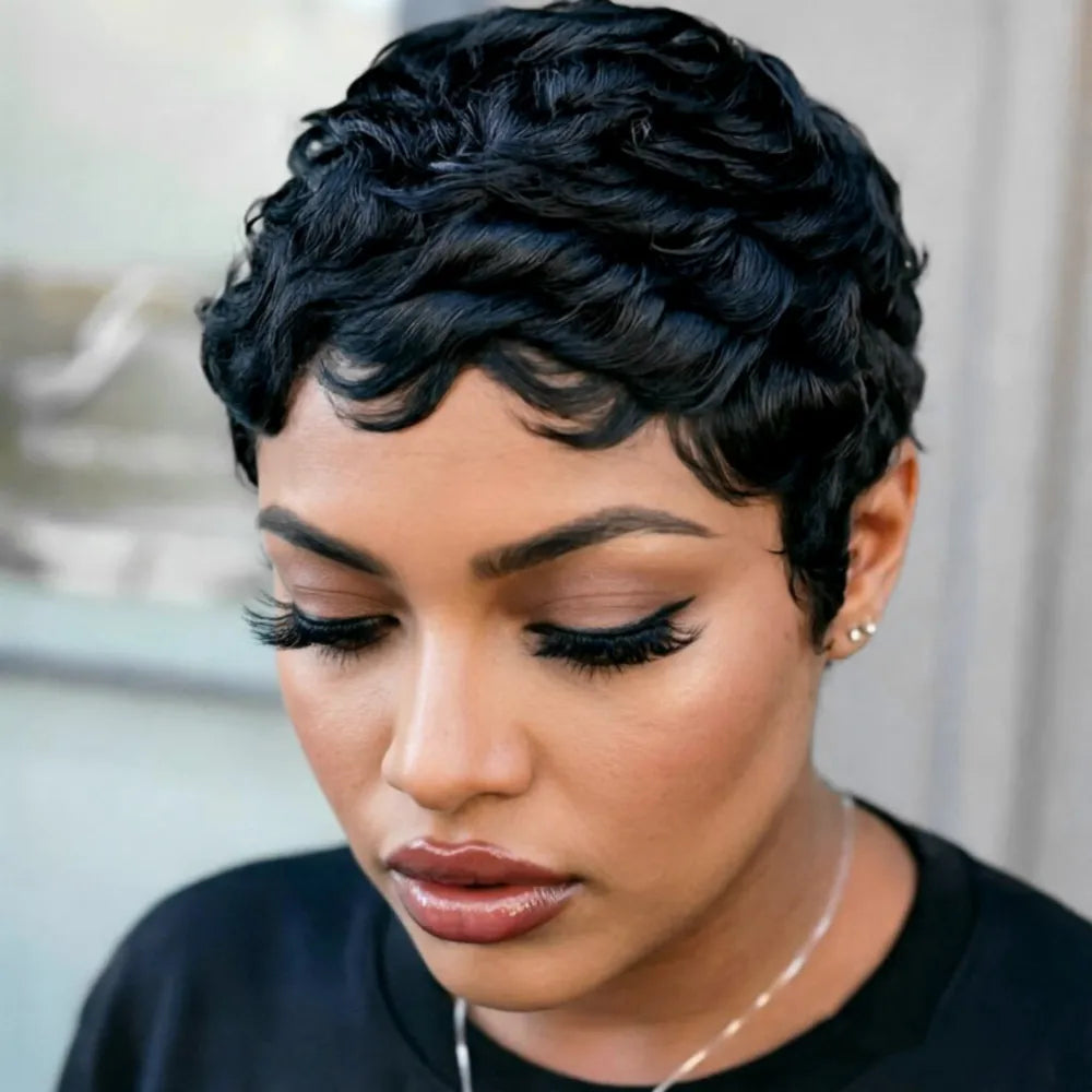 Peluca de cabello humano corto liso en capas estilo pixie, hecha a máquina, color marrón, negro, borgoña, para uso diario o de fiesta para mujeres