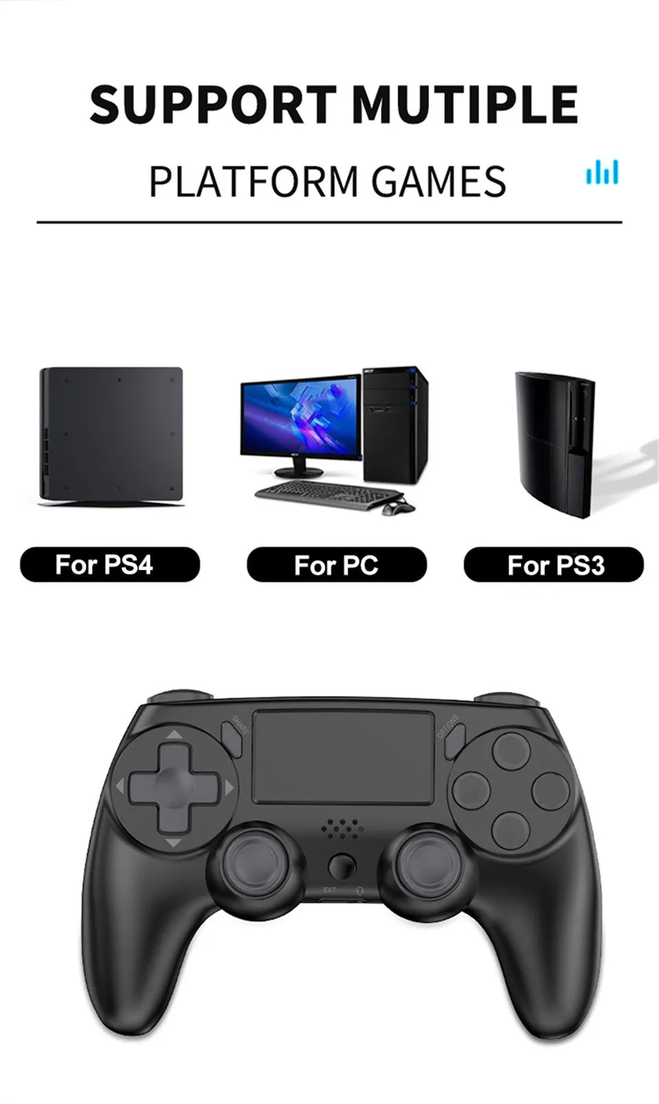 Mando inalámbrico GAMINJA con giroscopios de seis ejes, controlador de juego de doble vibración para PS4, PS3, consola de juegos, Windows 7, 8, 10, PC Joystick
