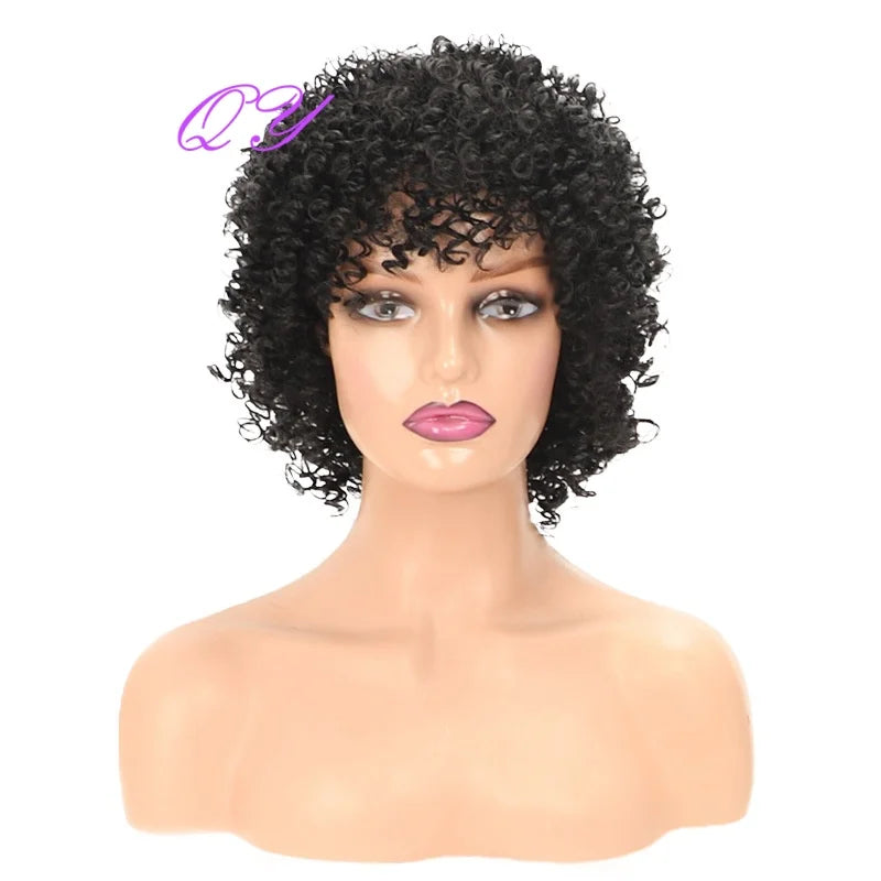 Short Afro Kinky Curly Wig With Bangs Synthetic Hair For Black Women Natural Looking Daily or Party Wear