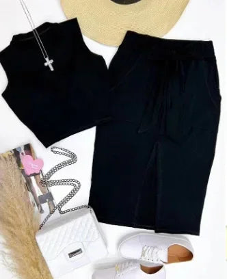 Conjunto de falda para mujer, conjuntos de dos piezas, vestidos ajustados, tops cortos sin mangas con cuello redondo, faldas de largo medio con cordones y cintura alta, empalme.