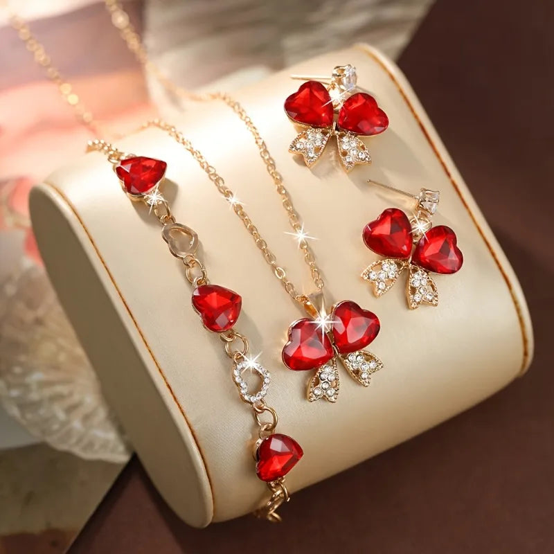 Juego de 4 piezas/set de collar, pulsera y pendientes de lazo de amor de color rojo de moda, adecuado para regalos de joyería para fiestas de San Valentín de mujer