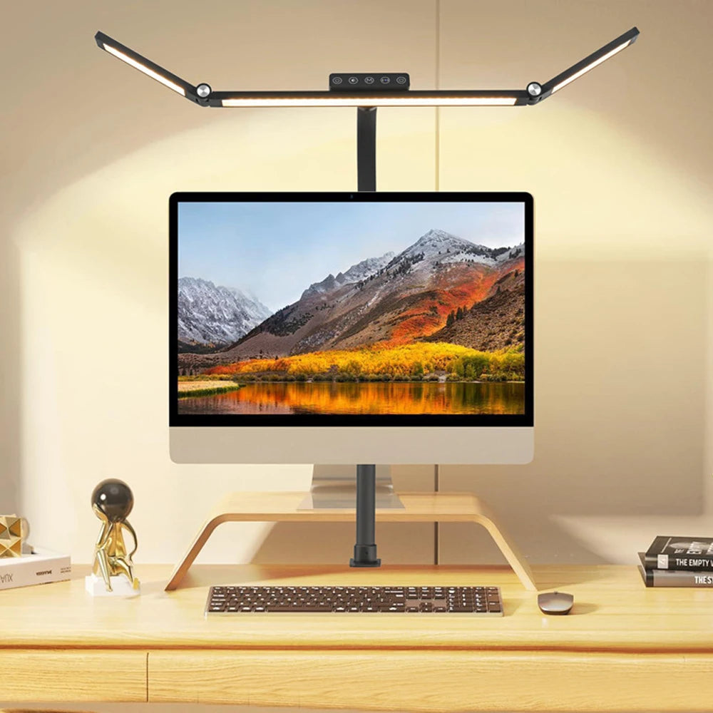 Lámpara de escritorio LED de oficina para el hogar, doble cabezal, atenuación continua, luces de lectura que cuidan la vista, 3 modos de color, lámparas de mesa de PC ajustables y flexibles