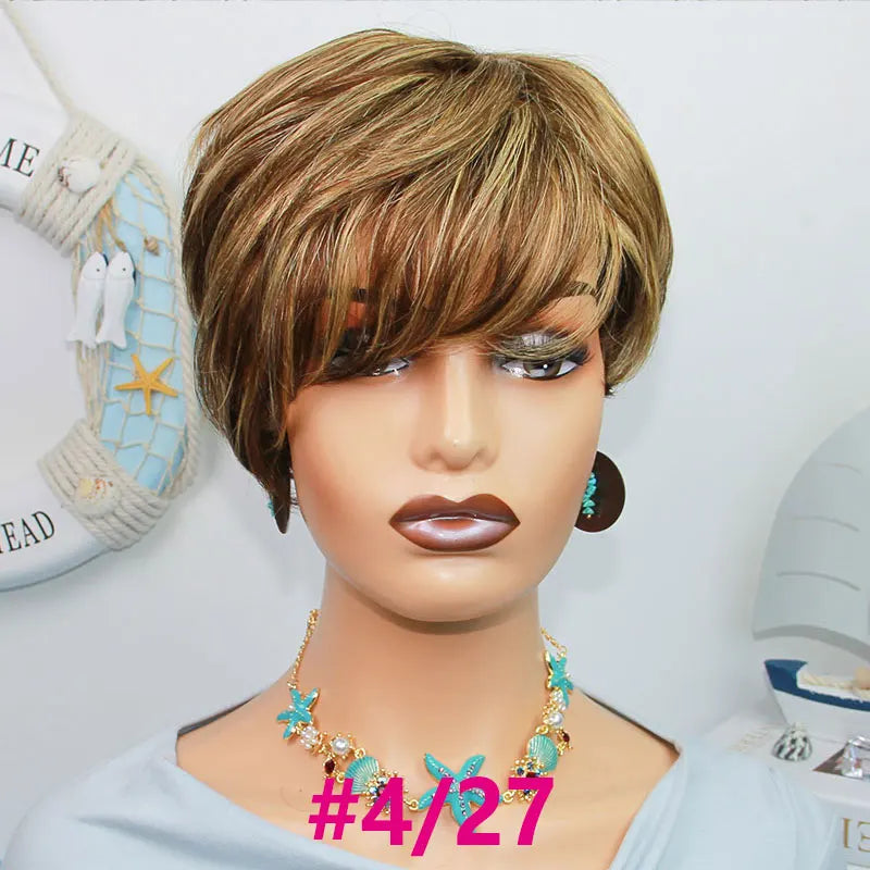 Short Straight Human Hair Wigs Highlight Color Brazilian Remy Hair Pixie Cut Wig Cheap Human Hair Machine Wig For Black Women