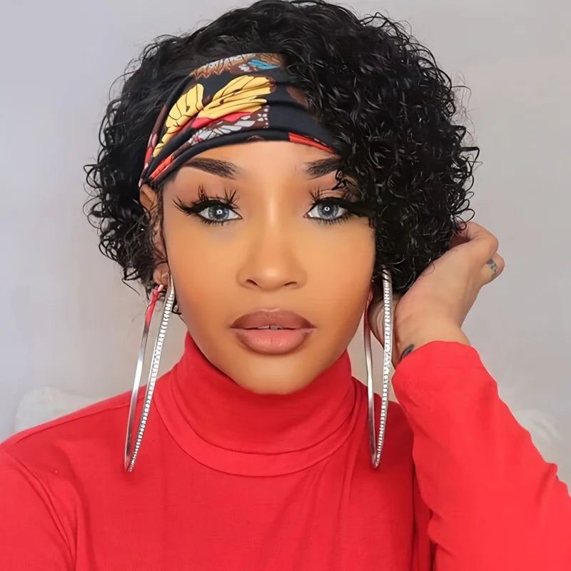 Water Wave Short Curly Pixie Cut Headband Wig for Women Remy Brazilian Human Hair Full Machine Made wig