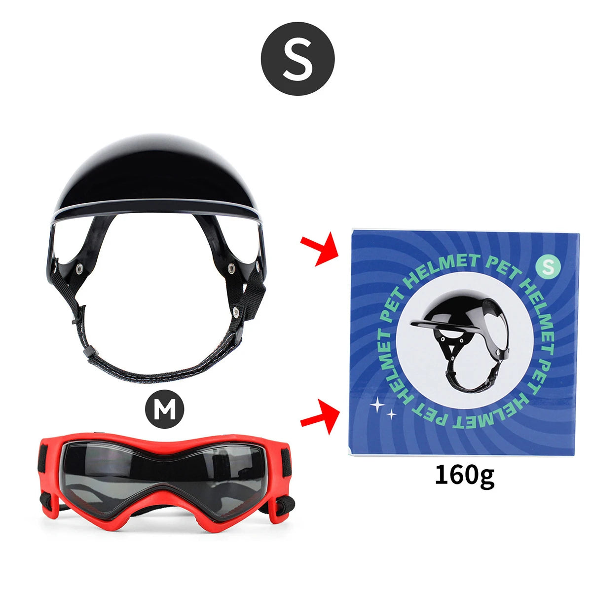 Beskyttende hundehjelm og beskyttelsesbriller sett for sykling, utendørs sikkerhetsutstyr - ABS støtsikker og vindtett PC-linse