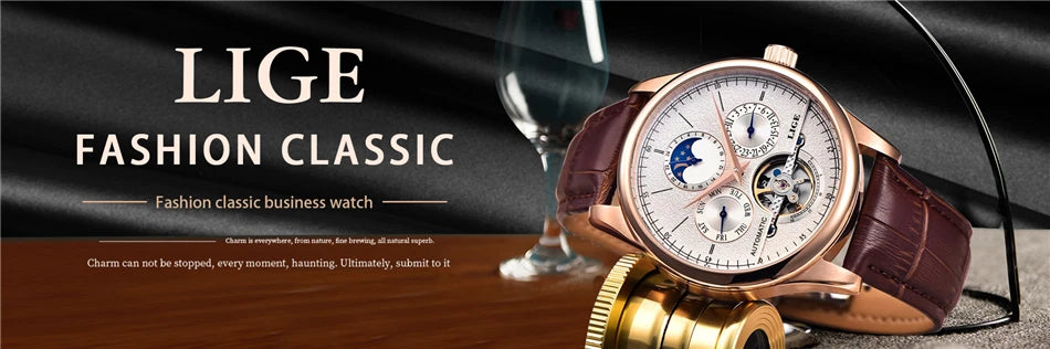 LIGE Relojes para hombre Reloj mecánico automático Reloj Tourbillon Piel auténtica Reloj impermeable Reloj de pulsera militar para hombre