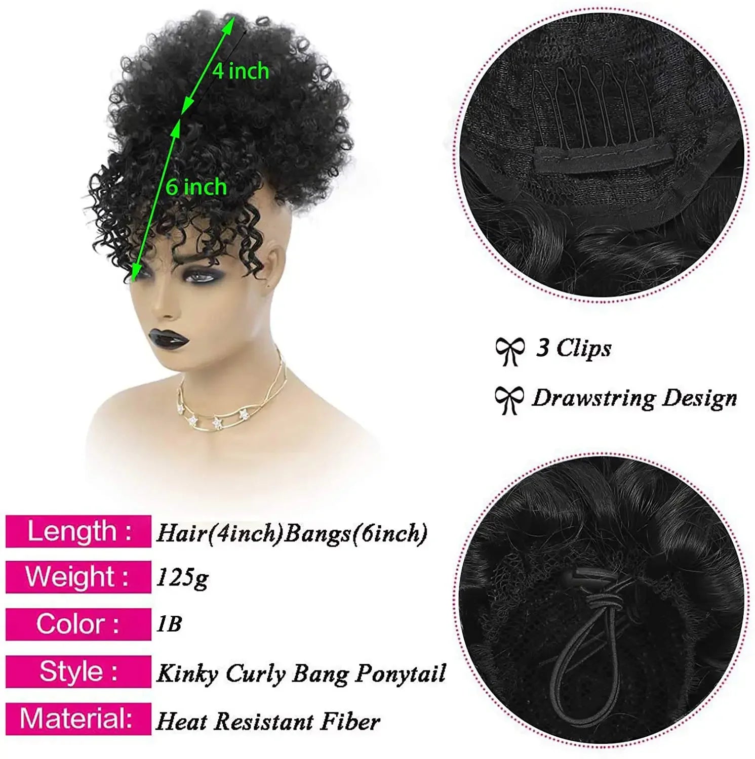 Synthetic Afro Puff Hair Bun Extensions Drawstring Ponytail With Bangs Short Kinky Curly Pineapple Clip in on Wrap Updo Ponytail
