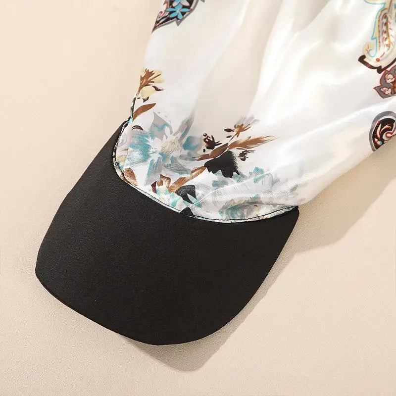 Fashion Satin Silk Headscarf Hat with Brim 2-in-1 Square Scarf Cap Printed Elegant Turban Wrap