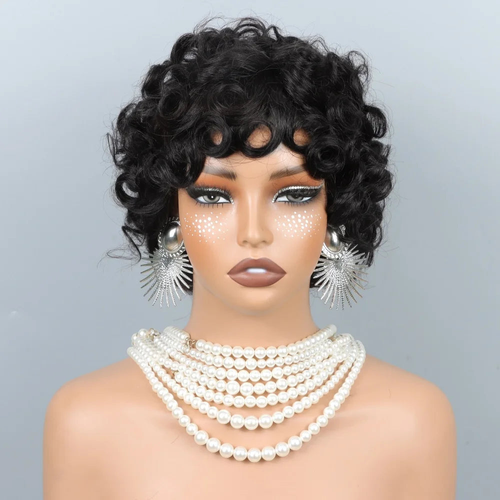 Short Layered Pixie Cut Curly Wigs With Bangs Human Hair Wigs For Black Women Short Curly Pixie Cut Wig Human Hair Machine Made