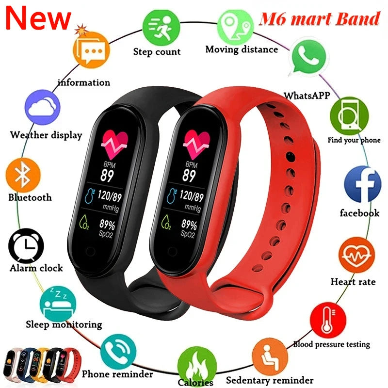 Bracelet connecté multifonction avec moniteur de fréquence cardiaque, de pression artérielle, de pas, de musique, de sommeil, M6