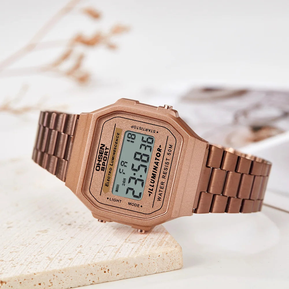 Relojes digitales para mujer de lujo dorados para mujer, deportivos, reloj de acero inoxidable, reloj electrónico, despertadores, regalos