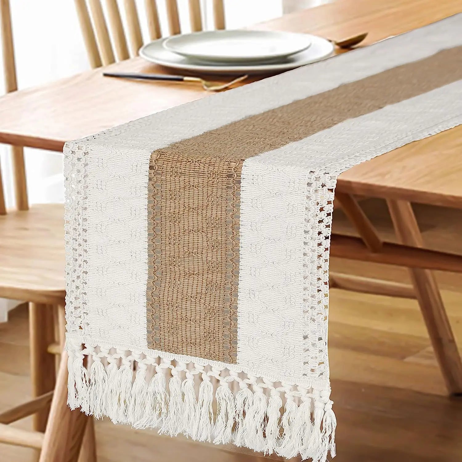 Camino de mesa para la decoración del hogar de verano con borlas Camino de mesa rústico de macramé de arpillera color crema y marrón largo de granja