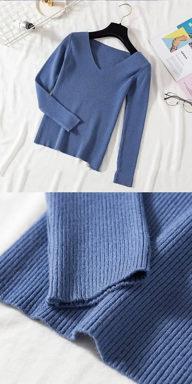 Suéter de mujer nuevo otoño invierno de manga larga jersey básico top de moda cuello en V elástico femenino invierno de punto sólido
