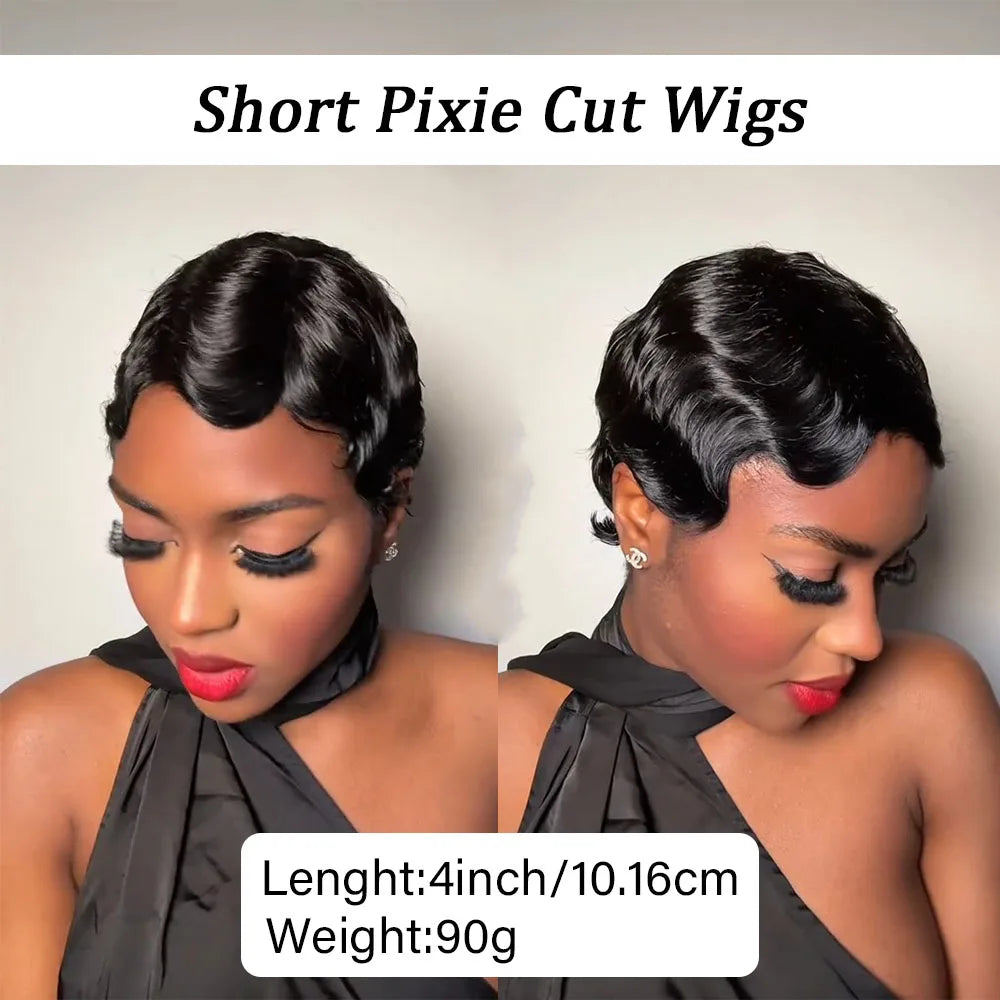 Short Human Hair Wigs for Women Ocean Finger Wave Pixie Cut Wig Human Hair