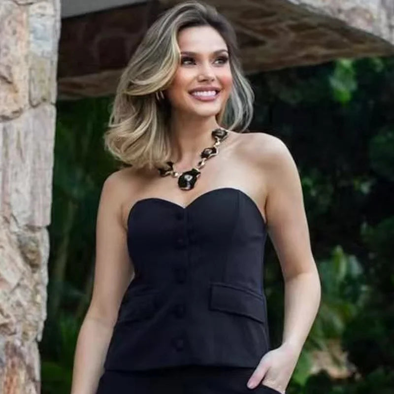 TRAF Women Crop Corset Top Summer Tanks & Camis White Black Tank Top Button Off Shoulder Sleeveless Tube Top Fashion Vests