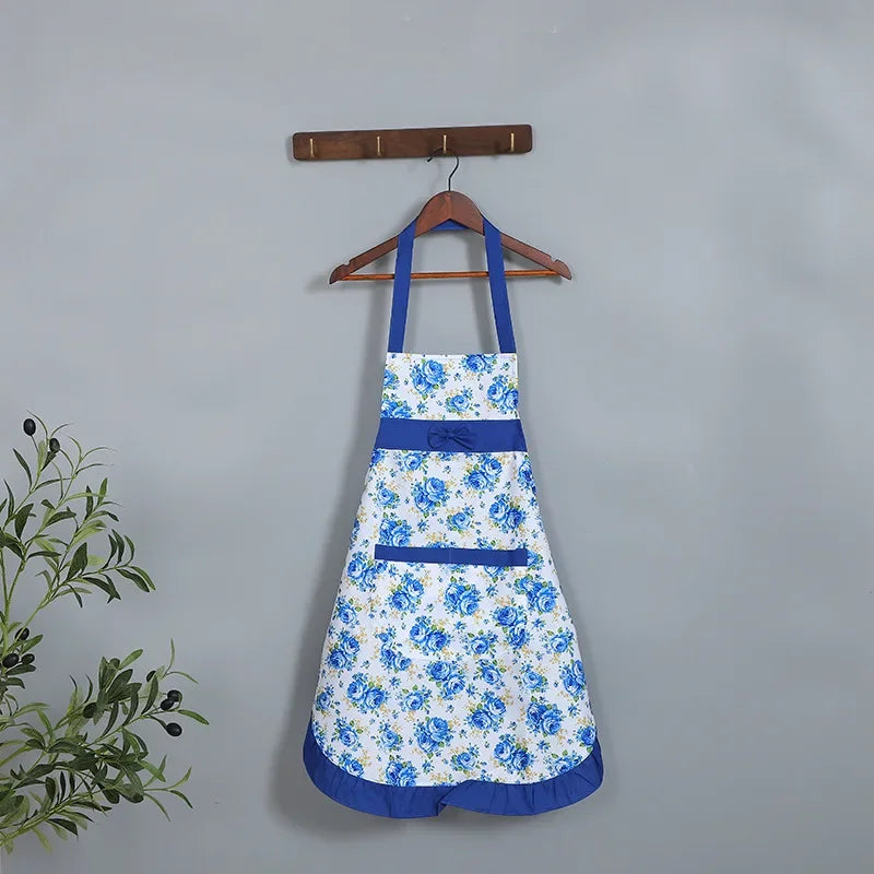 Oil-proof Cooking Apron for Women Adjustable Kitchen Cooking Coffee Shop Flower Printed Bowknot Cleaning Aprons with Pocket
