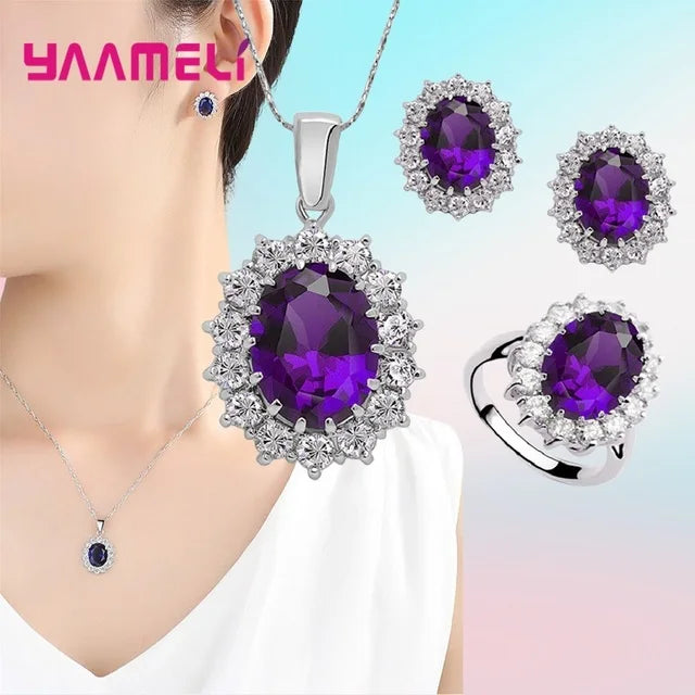 Juegos de joyería de compromiso para boda de mujer, 100% auténticos, de plata de ley 925, diseño clásico de flor ovalada con circonitas cúbicas brillantes