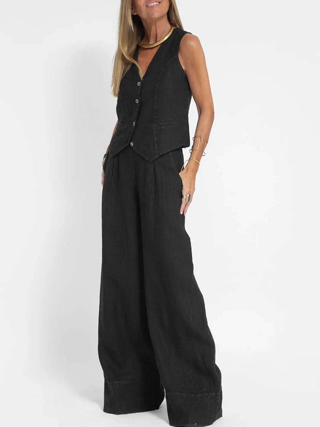 Conjuntos de chaleco y pantalón de moda para mujer, de algodón liso, traje informal, top sin mangas con botones de patchwork + pantalones, conjunto de 2 piezas para la oficina